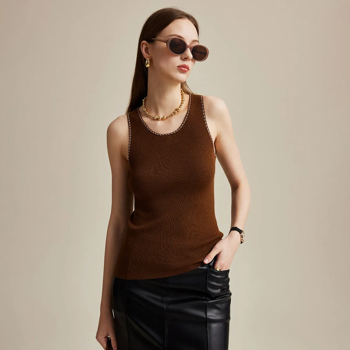 100% Wool Sleek Ribbed Knit Tank Top with Contrast Trim