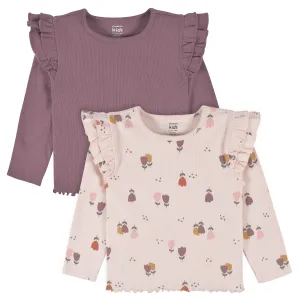 2-Pack Infant & Toddler Girls Burgundy Floral Double Ruffle Tops