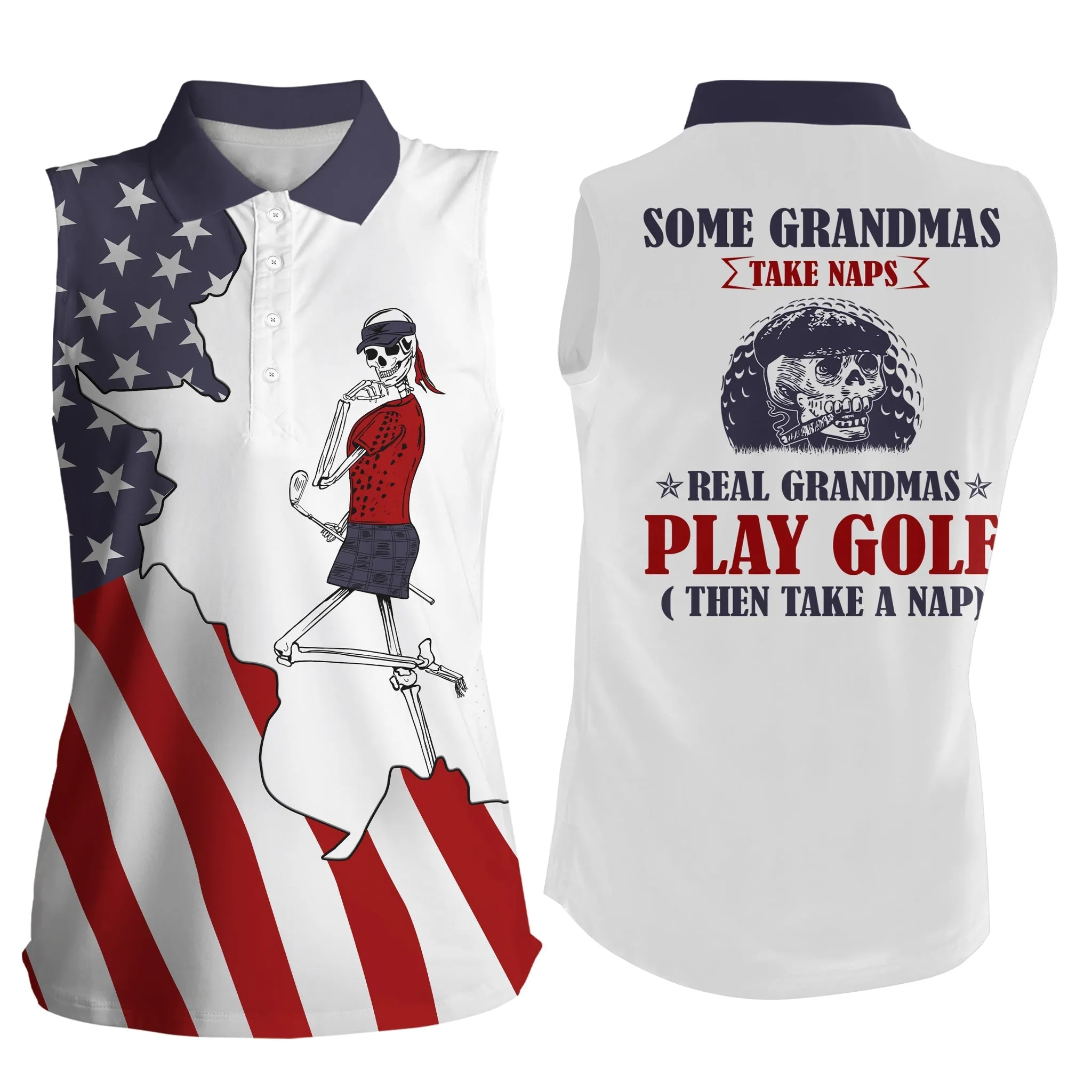 American flag patriotic Womens sleeveless polo skull grandmas take naps real grandmas play golf