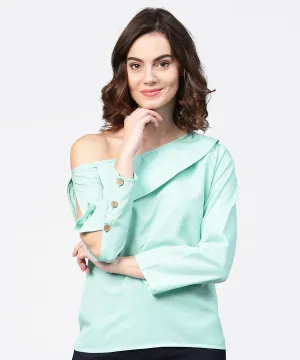 Aqua Blue Full Sleeve One Side Shoulder Tops