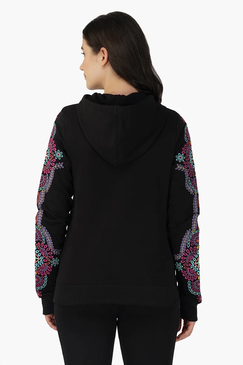 Black embroidered Long sleeve hooded jacket