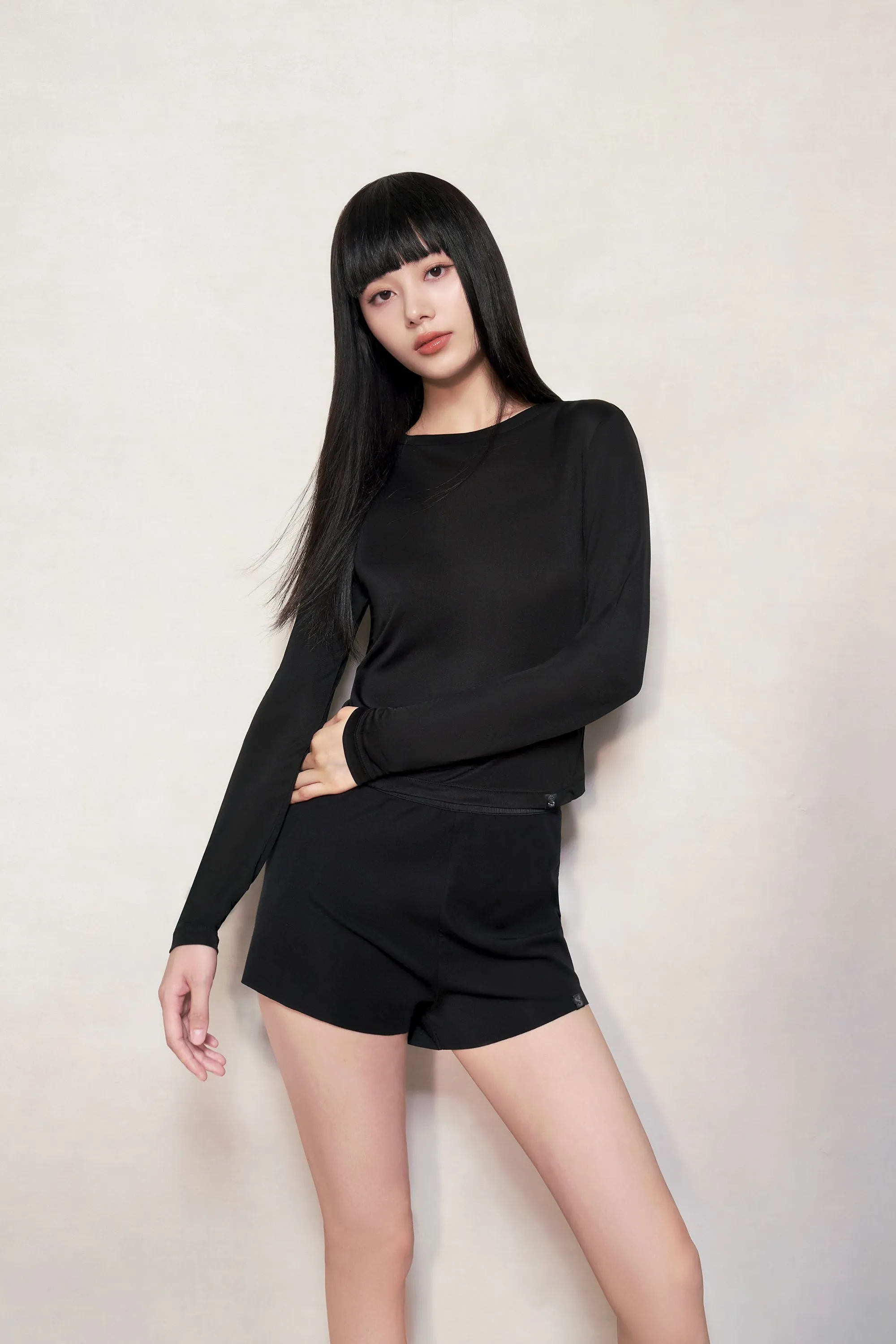 Black Silk Fitted Long Sleeve Top