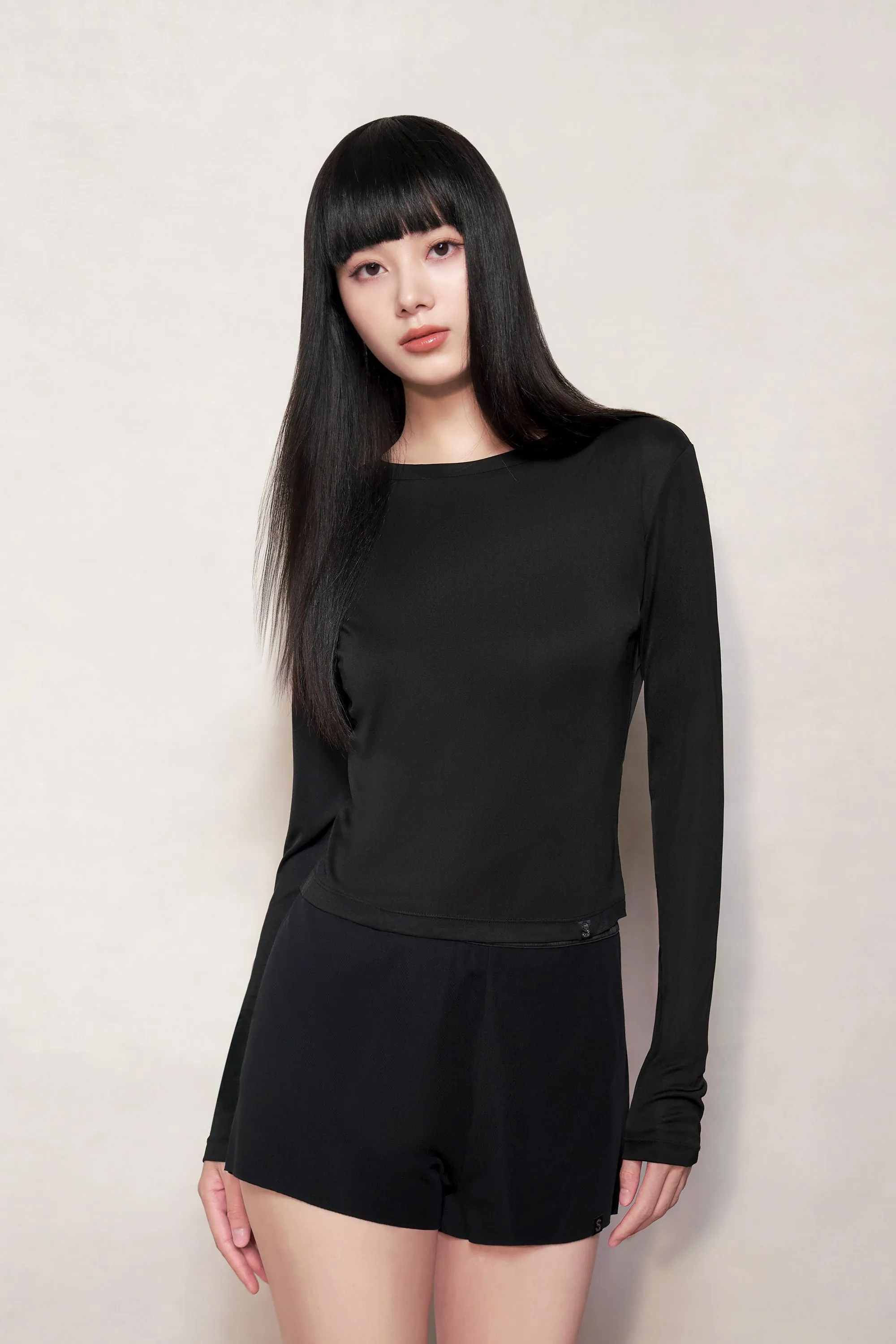 Black Silk Fitted Long Sleeve Top