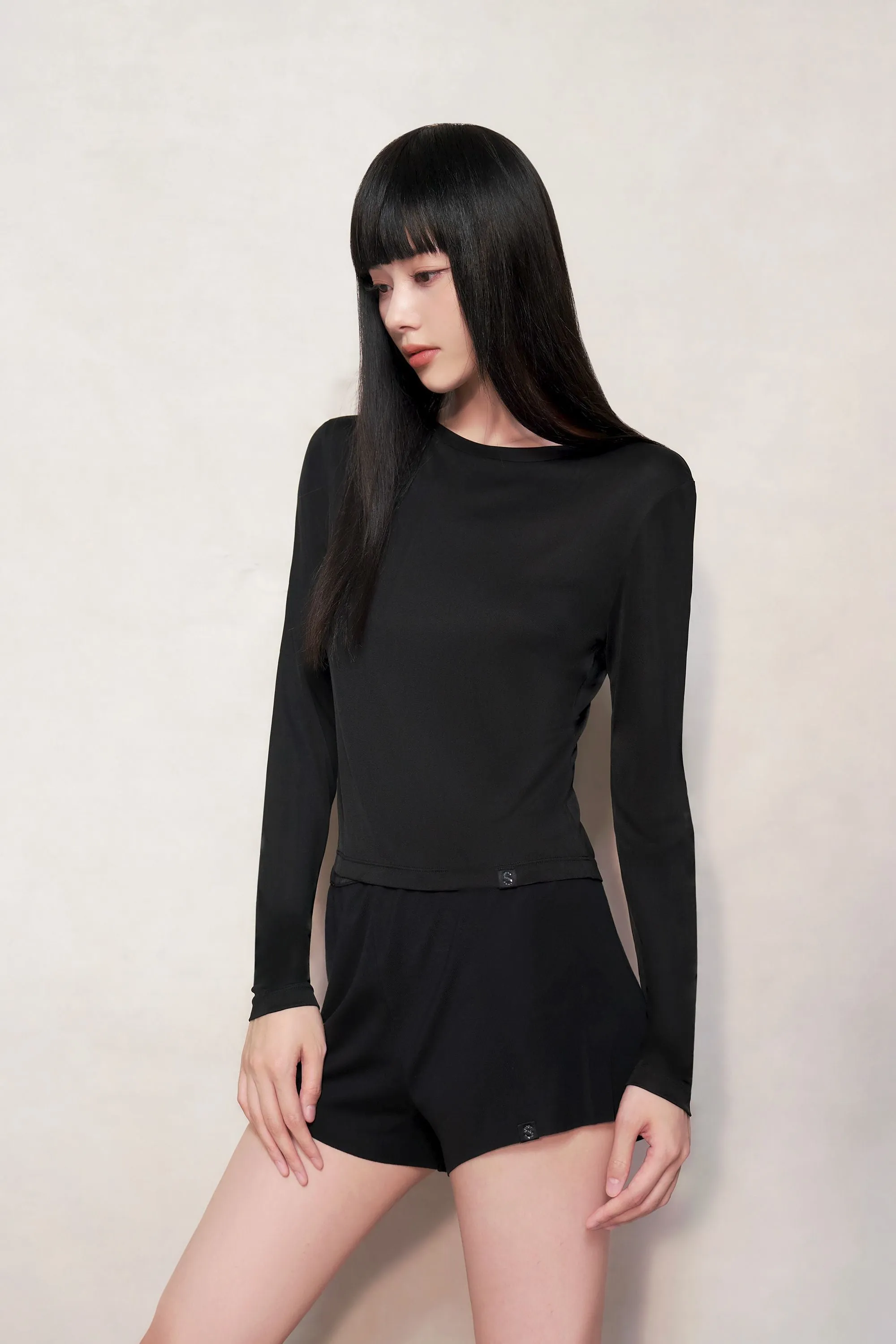 Black Silk Fitted Long Sleeve Top