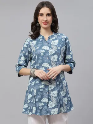 Blue Floral Rayon A-Linetop