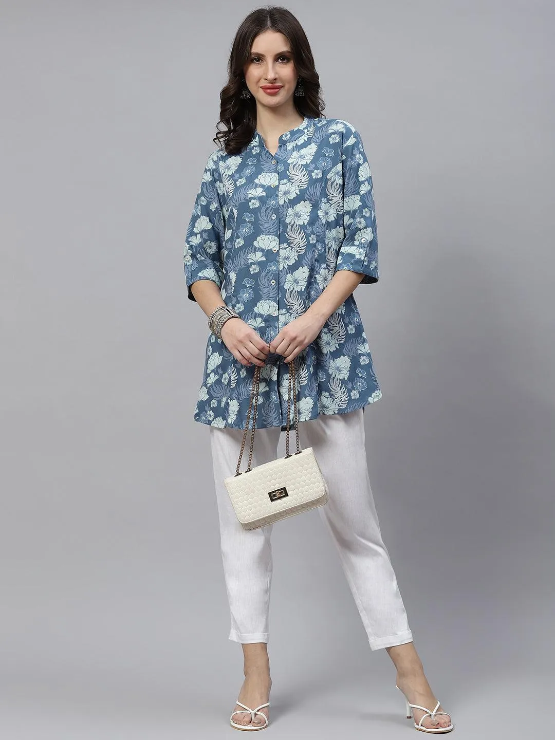 Blue Floral Rayon A-Linetop