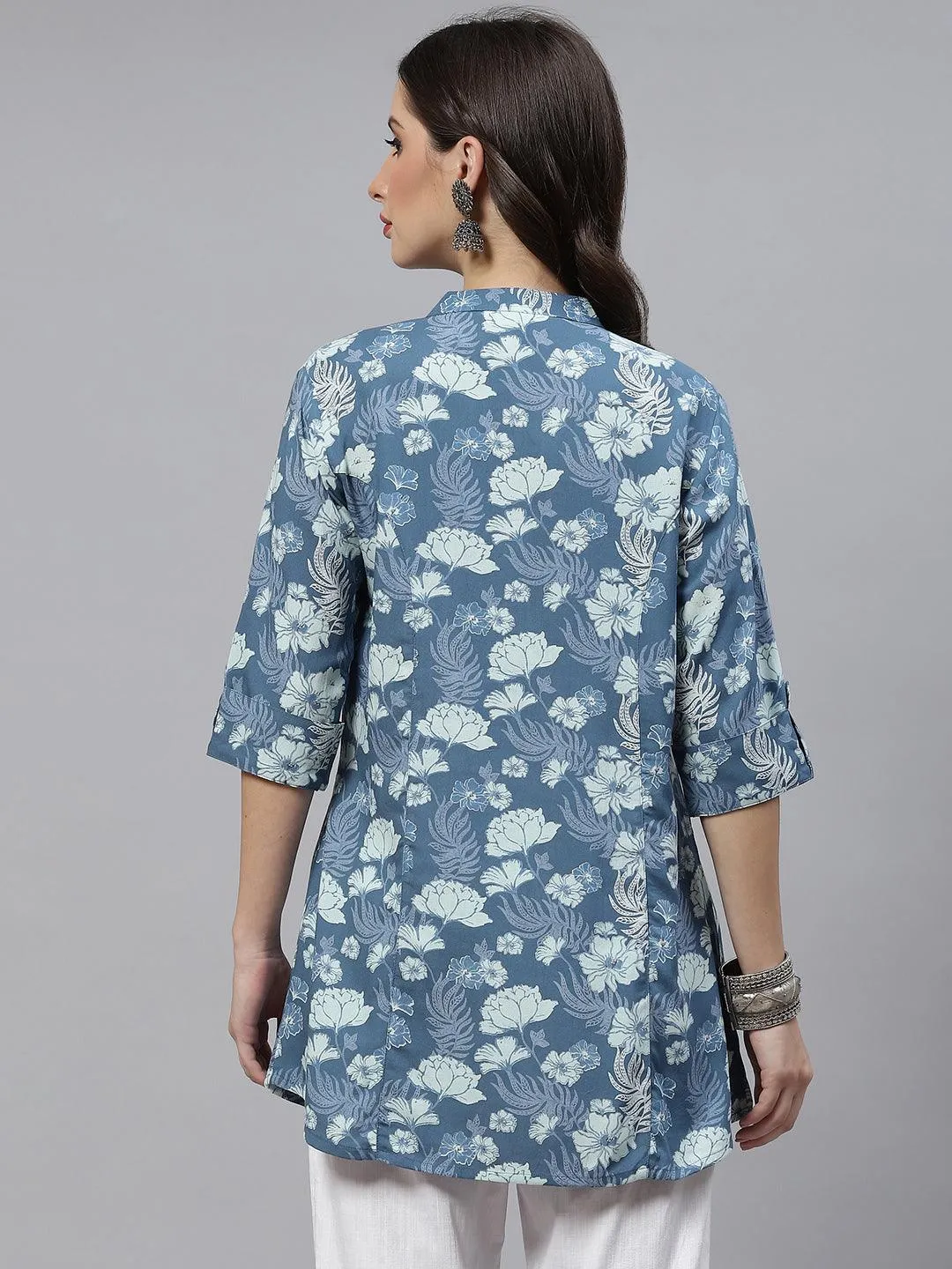 Blue Floral Rayon A-Linetop