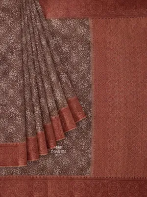 Brown Chanderi Silk Cotton Saree with Floral Prints on the body and Zari Border