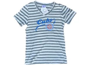 Chicago Cubs SAAG Women Gray Striped Soft Triblend V-Neck T-Shirt