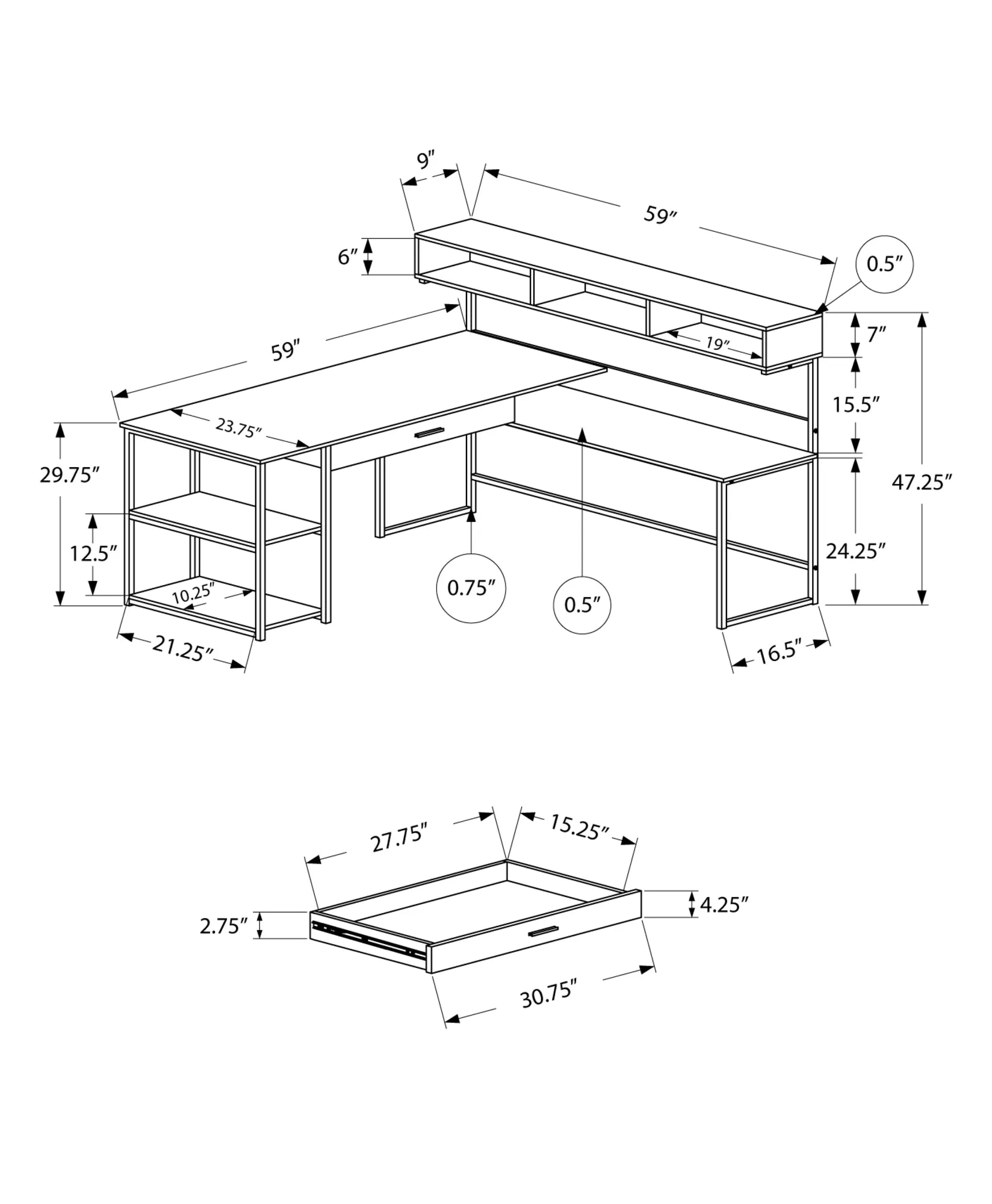 Computer Desk - Grey / Black Metal Corner