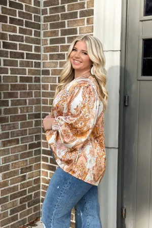 Cream and Brown Floral Print Peasant Top