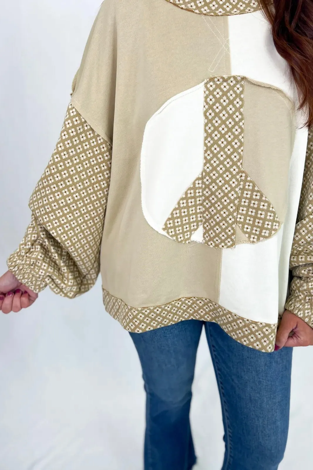 Cream and Sand Patchwork Peace Sign Top