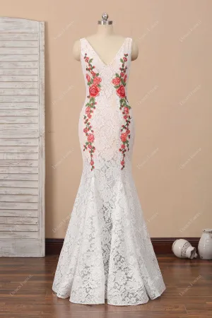 Flowers Ivory Lace Trumpet Evening Casual Bridal Dress