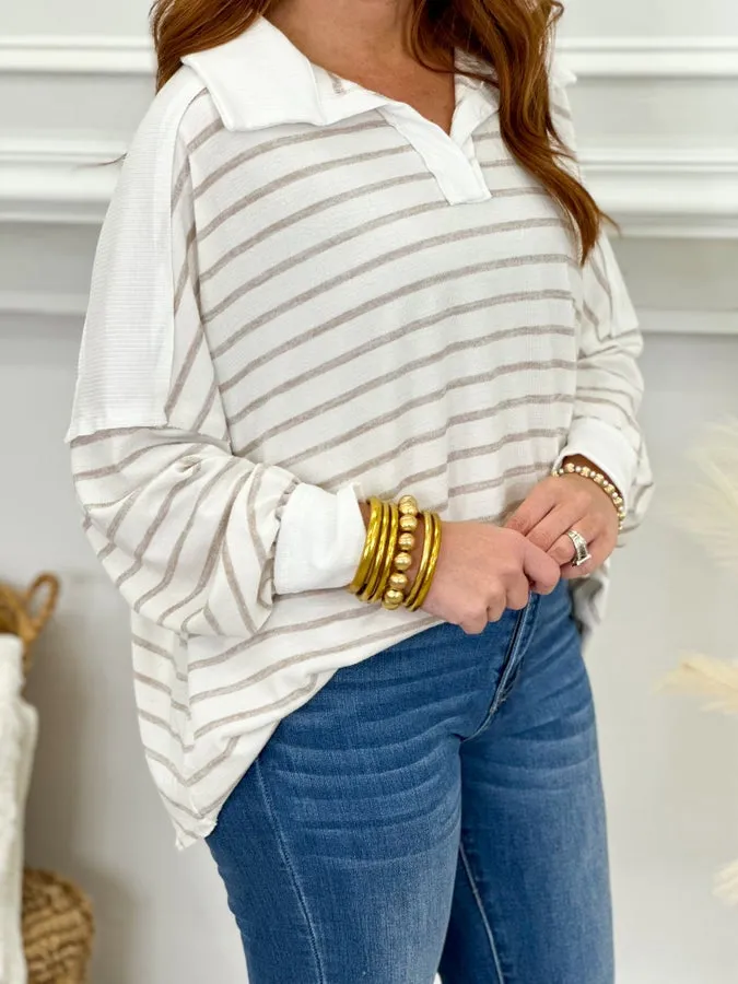 Mocha and Ivory Stripped Collared Long Sleeve Top