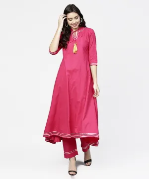 Pink 3/4Th Sleeve Cotton A-Line Kurta With Pink Palazzo