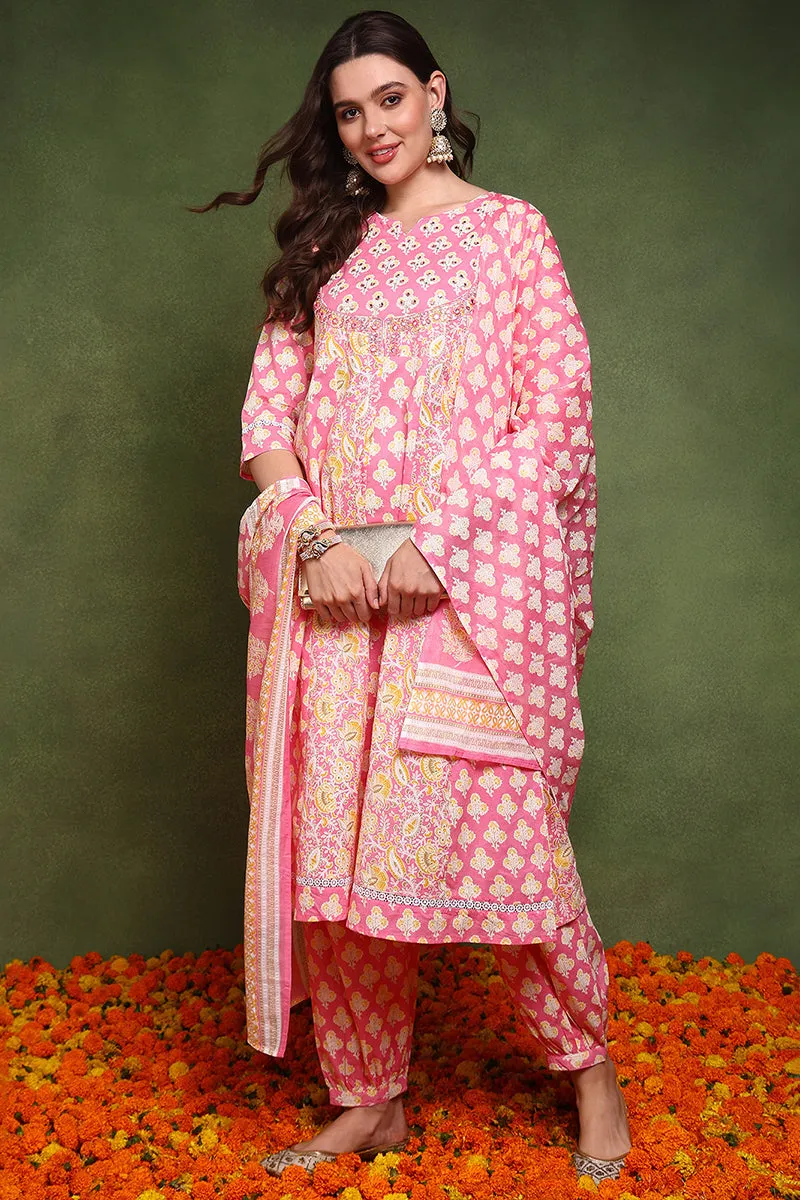 Pink Pure Cotton Ethnic Motifs Embroidered Anarkali Suit Set