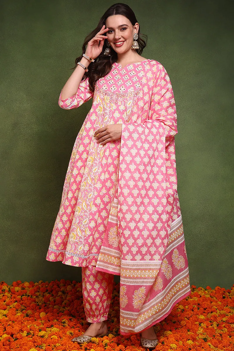 Pink Pure Cotton Ethnic Motifs Embroidered Anarkali Suit Set