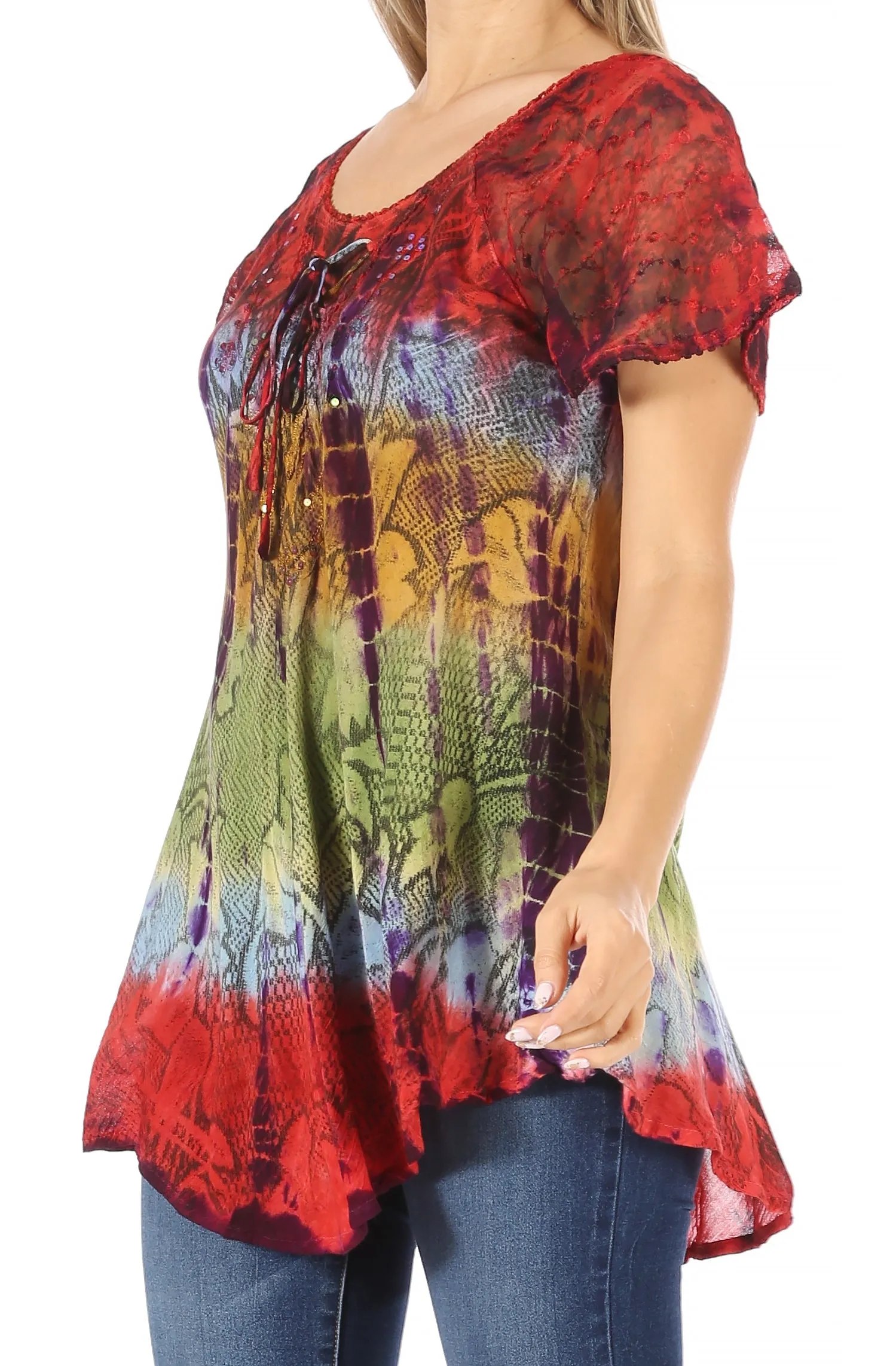 Sakkas Dina Relaxed Fit Sequin Tie Dye Embroidery Cap Sleeves Blouse / Top