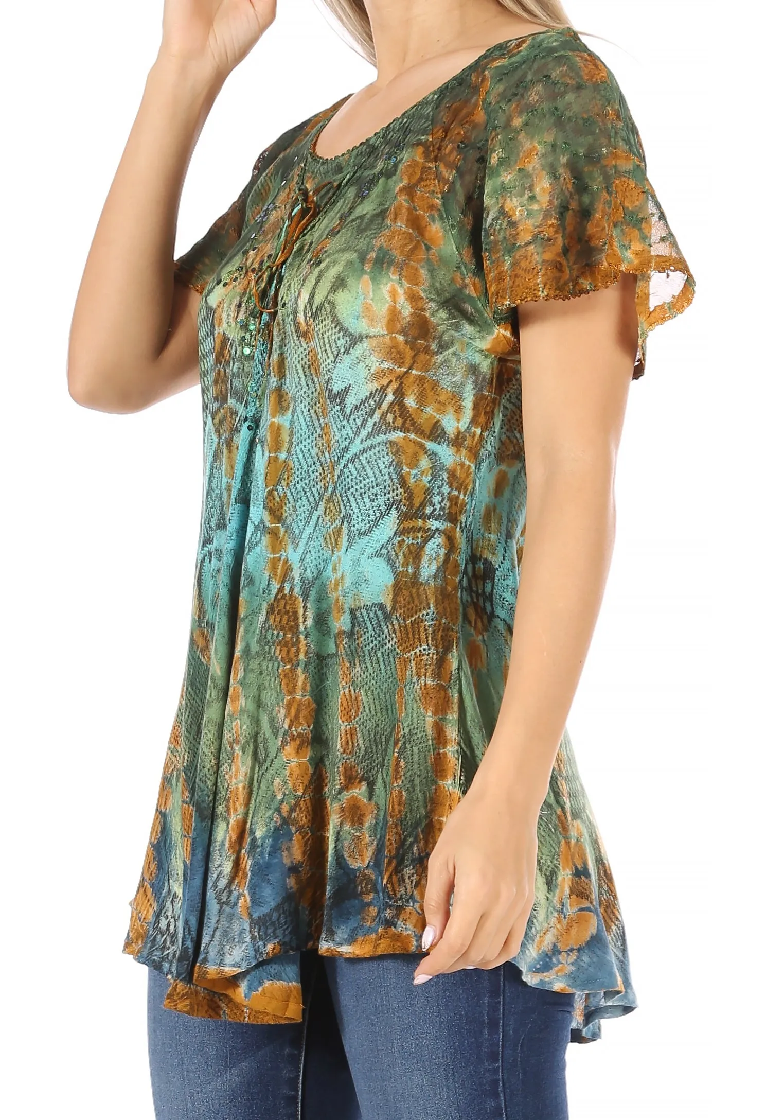 Sakkas Dina Relaxed Fit Sequin Tie Dye Embroidery Cap Sleeves Blouse / Top