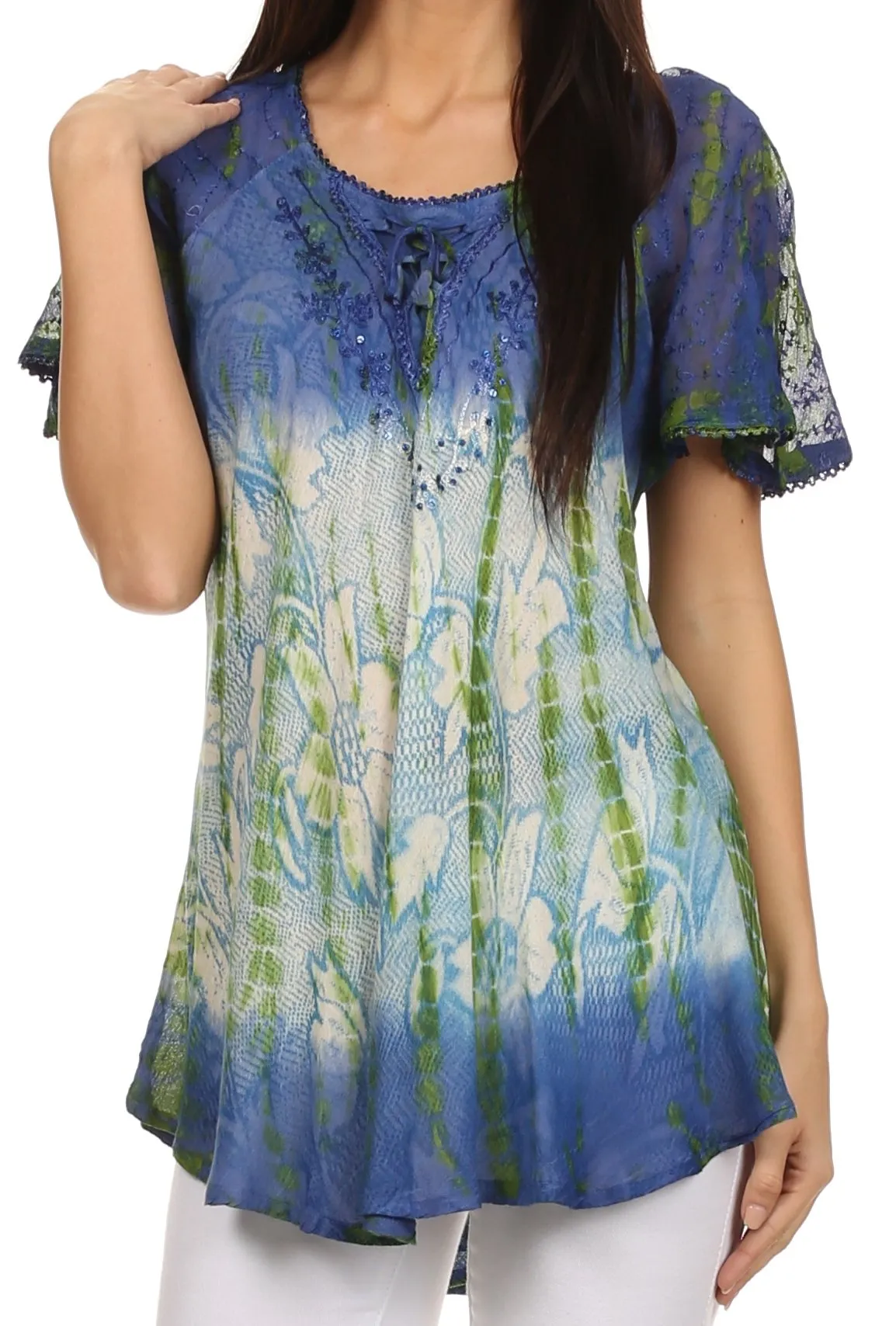 Sakkas Dina Relaxed Fit Sequin Tie Dye Embroidery Cap Sleeves Blouse / Top