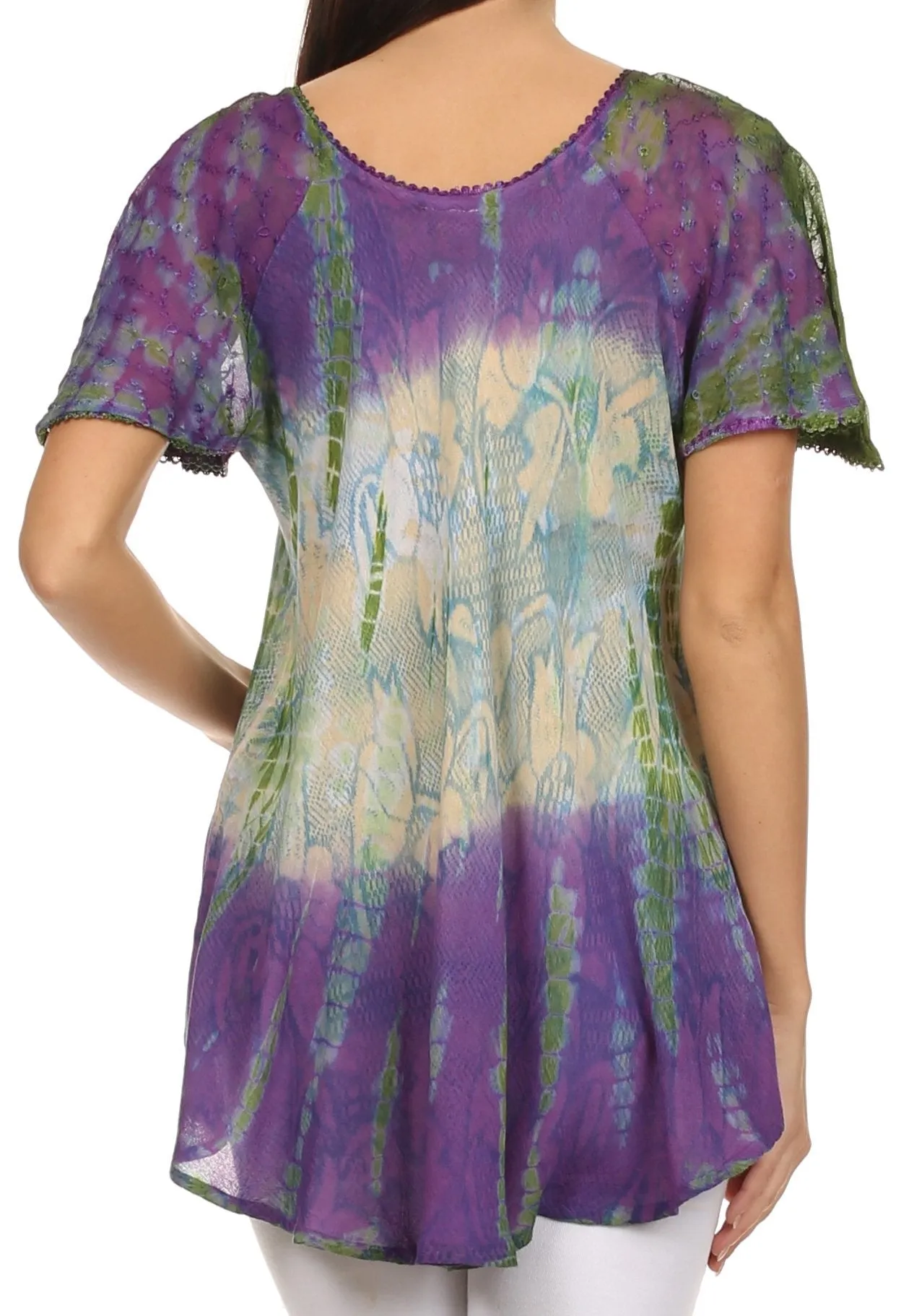 Sakkas Dina Relaxed Fit Sequin Tie Dye Embroidery Cap Sleeves Blouse / Top