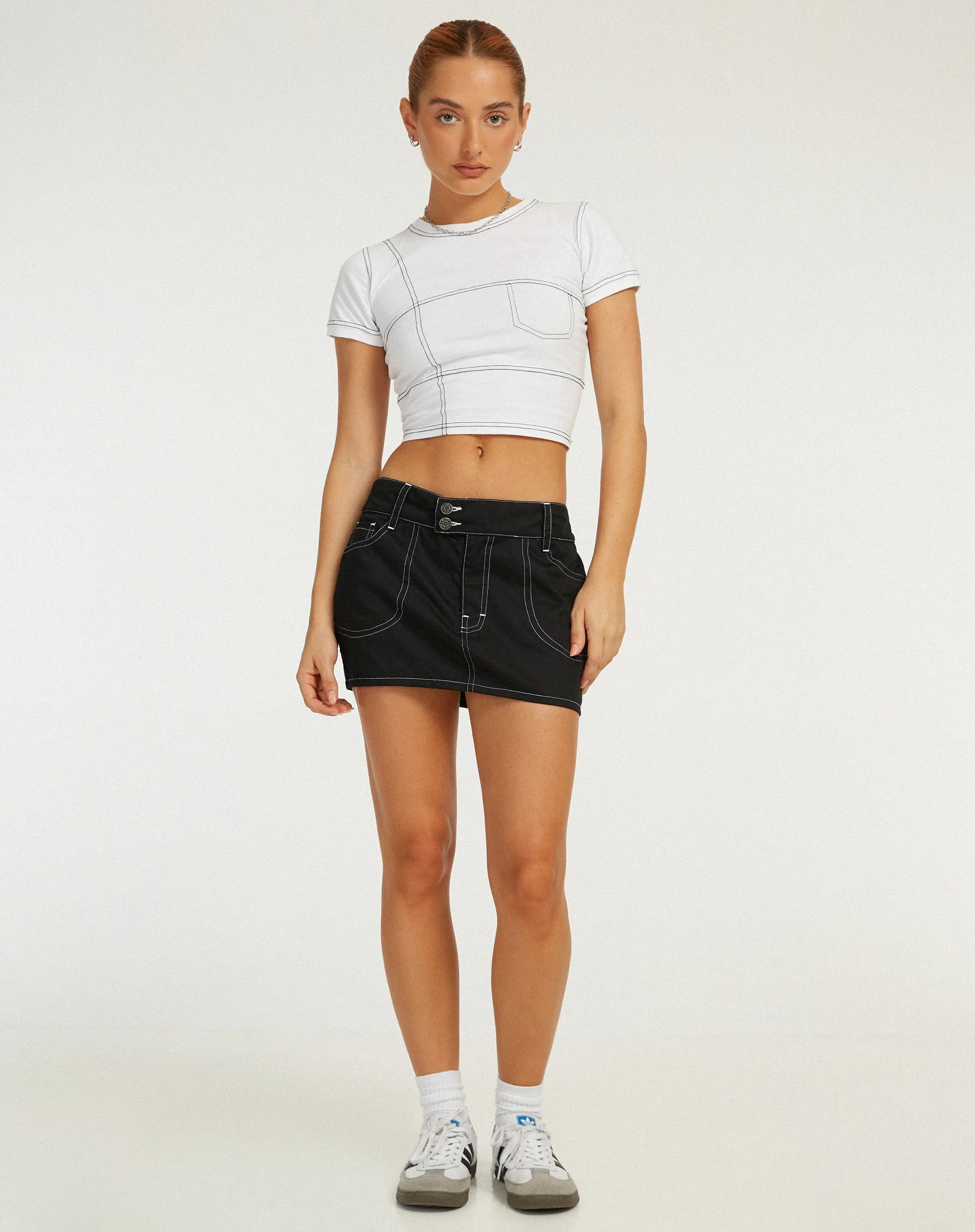 Shyla Cropped Tee in White with Black Stitch