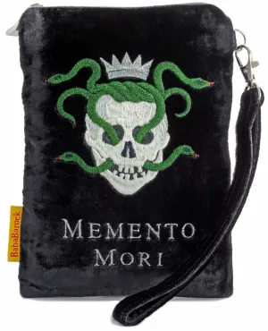 Skull & Snakes silk velvet embroidered wristlet. Black.