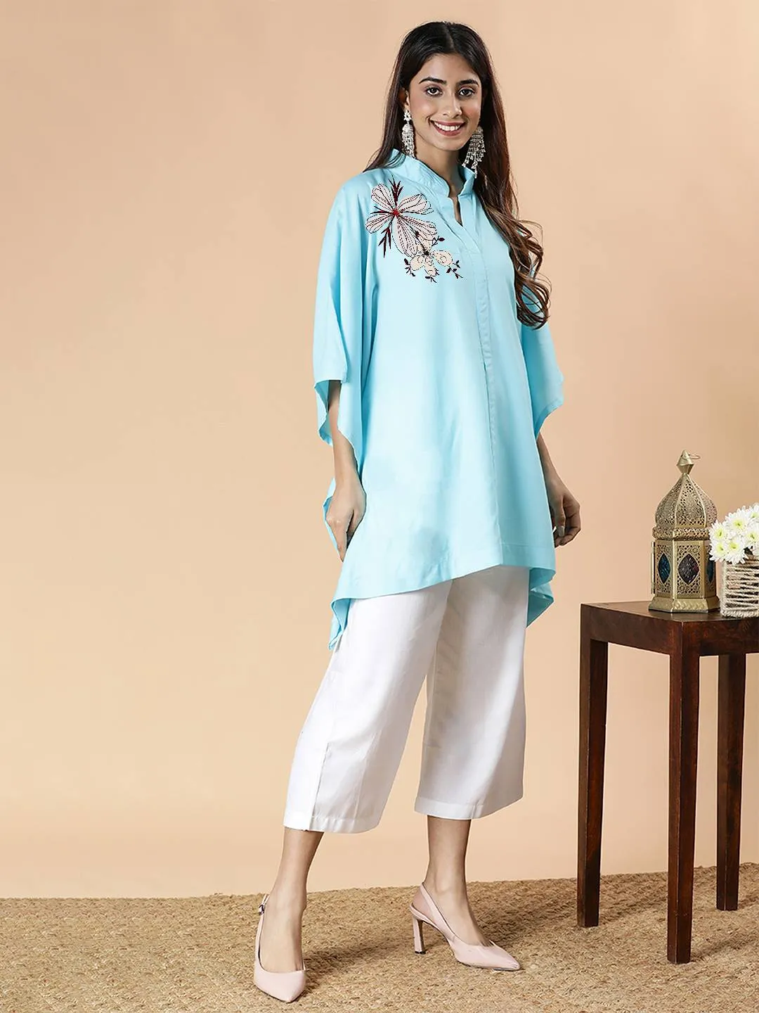 SkyBlue Rayon MandarinKurti - Whimsy