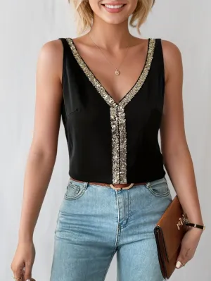 Sparkling Sequin V Neck Tank  Summer Dressy Sleeveless Top