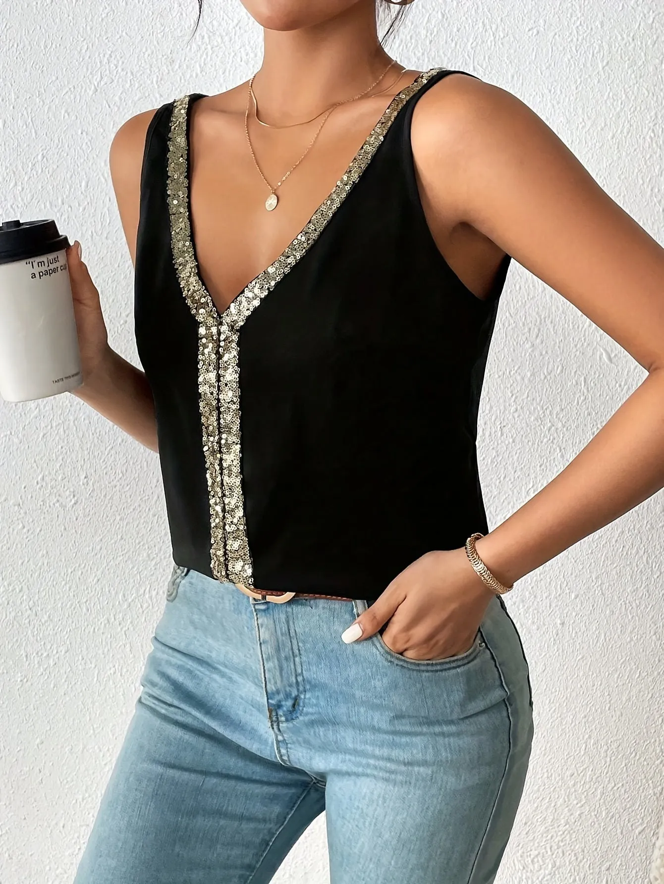 Sparkling Sequin V Neck Tank  Summer Dressy Sleeveless Top