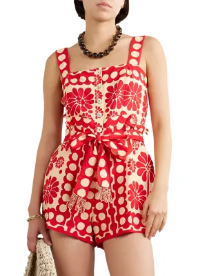 TEEK - Design Printed Lace-Up Waist Slimming Sleeveless Romper