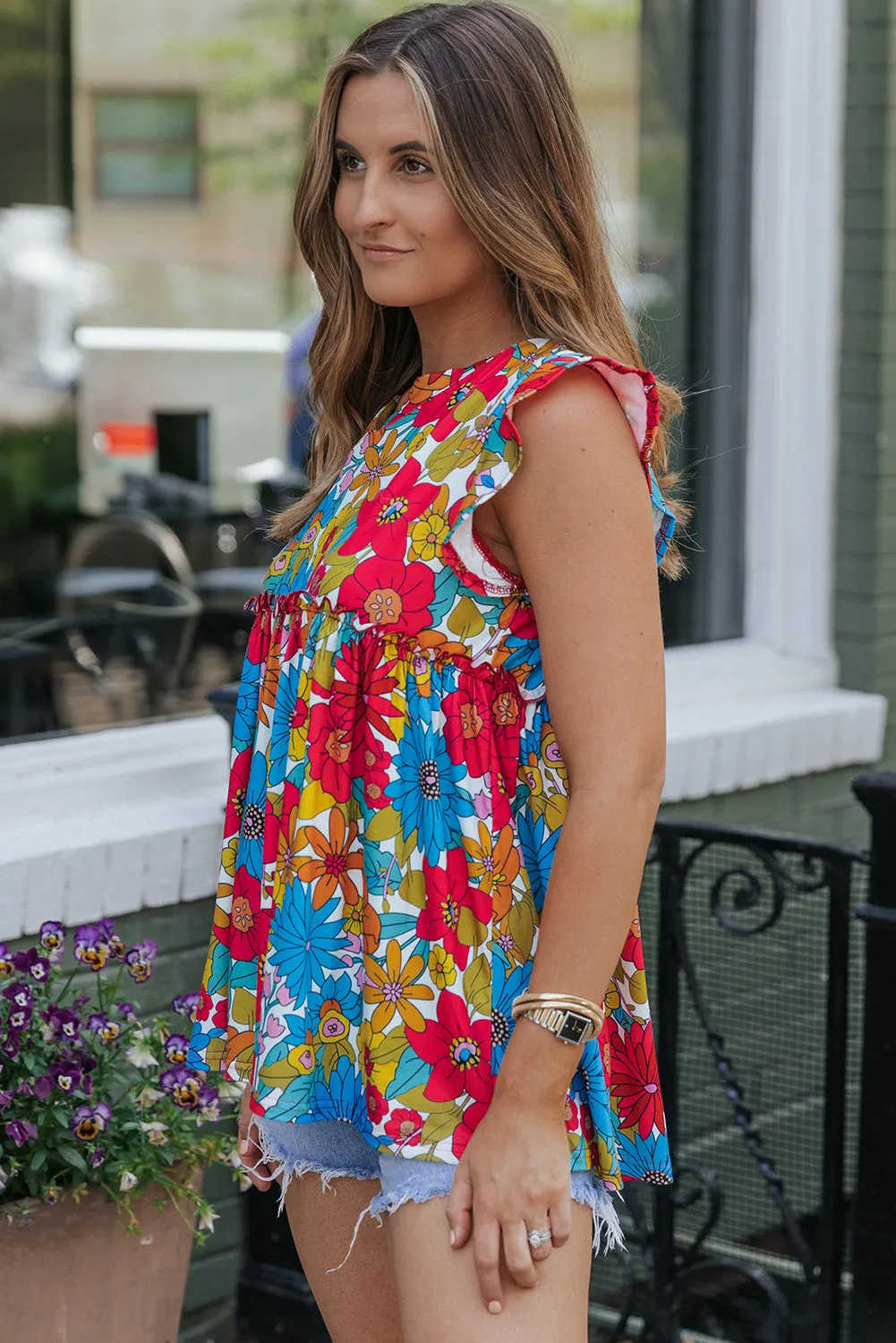 TEEK - Red Ruffled Printed Notched Tank