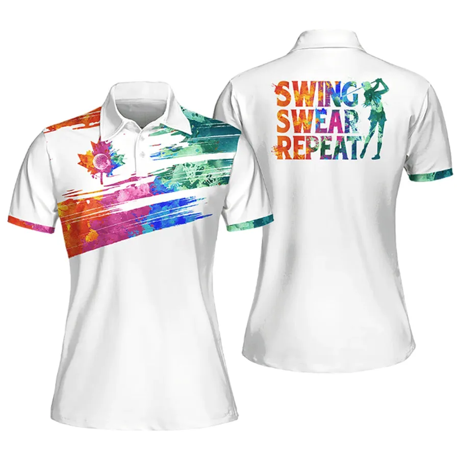 Watercolor Scratched Flag Canada Swing Swear Repeat Golfer Gift Color, Sleeve Polo Shirt Women Golf