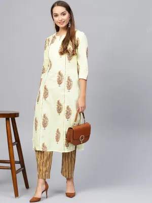 Women Yellow & Brown Printed Kurta Set