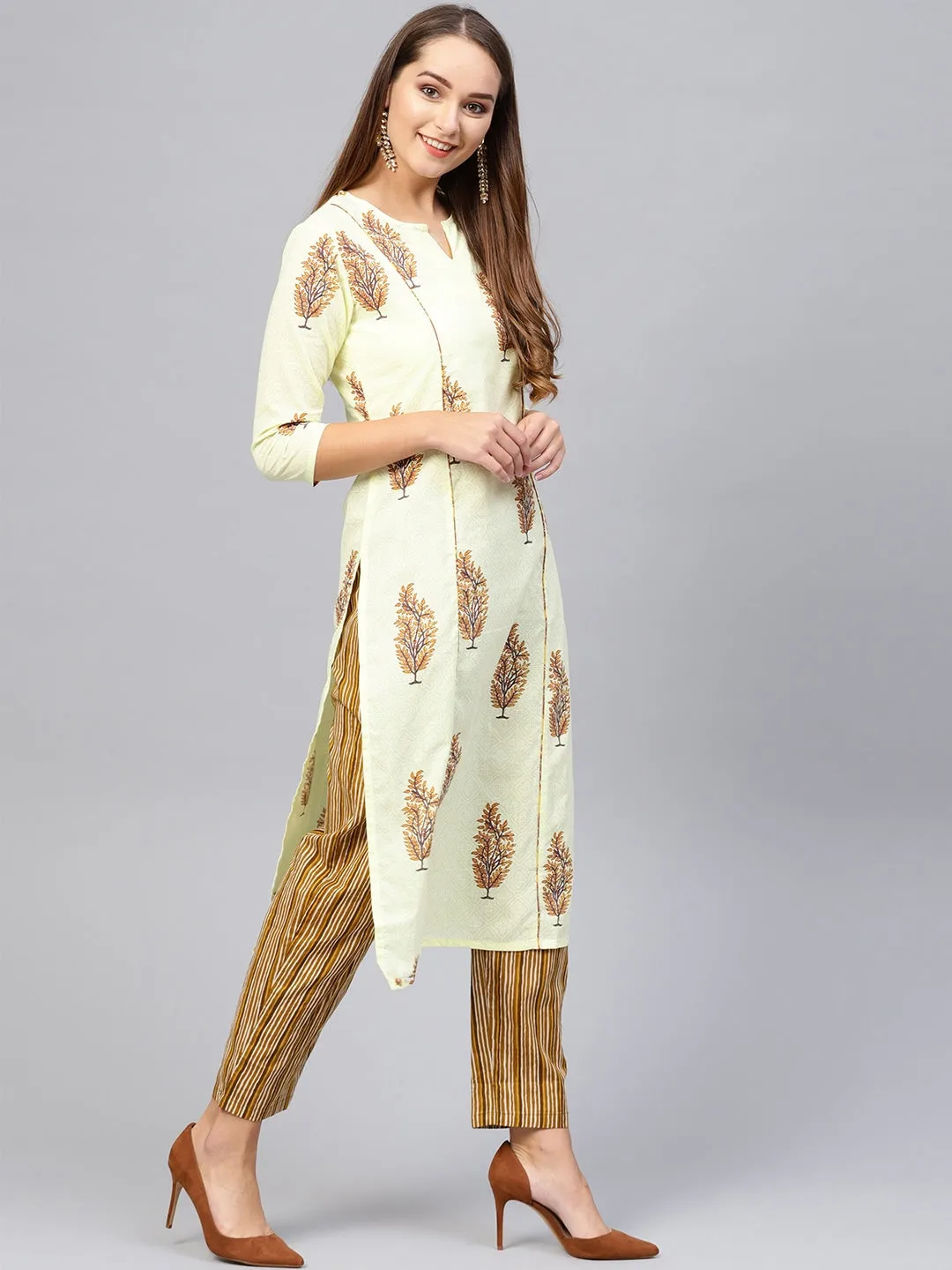 Women Yellow & Brown Printed Kurta Set