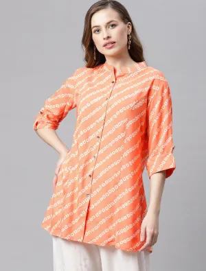 Women'S Orange Bandhani Rayon A-Line Shirt Style Top